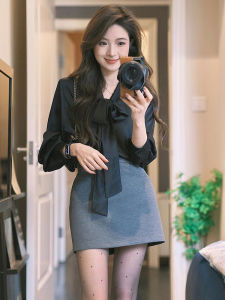 YUFUQING | Elegant Grey Shirt And Black Bowtie Blouse Set European Style Spring 2025 Polyester Long Sleeve Short Skirt Fashion Ensemble