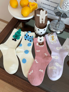Adorable Cartoon Mid-Calf Socks for Women Sweet Style Moisture Wicking Combed Cotton Anime Pattern All Season Long Tube Socks