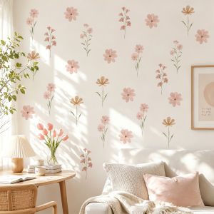6PCS Boho Watercolor Wildflowers Wall Decal SetRemovable Pastel Flower Wall Art for Nursery Bedroom Living Room Home Decor