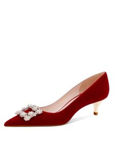 Elegant Low Heel Wedding Shoes for Women with Rhinestone Square Buckle Red Pregnant Women High Heels Slim Heel Bridal Shoes