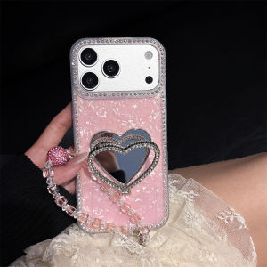 Wrist Strap Love Heart Mirror Diamond Bling Holder Phone Case for IPhone 17 16 15 Plus 14 13 12 11 Pro Max Protective Cover