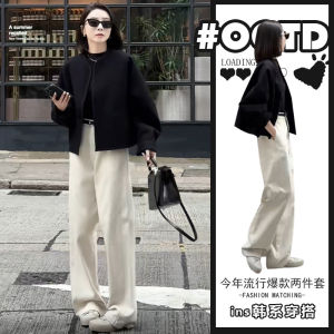 Elegant Short Black Jacket And High Waist Pants Set for Women Stylish Hong Kong Style Slimming Fashionable Quality Autumn Wear