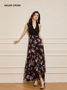 French Style Floral Print Vacation Dress Black Camisole Long Dress