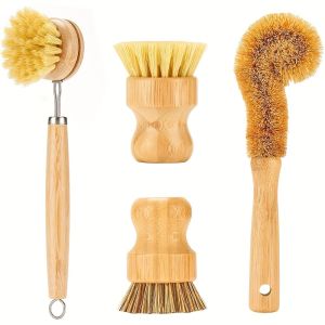 2/4Pcs Palm Pot Brush- Bamboo Round 3 Packs Mini Dish Brush Natural Scrub Brush Durable Scrubber Cleaning Kit with Union Fiber