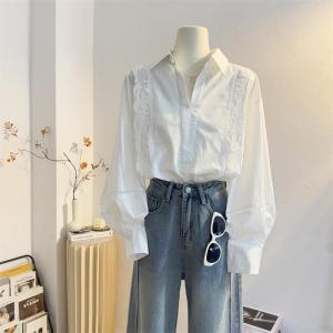 WANGGONGZHU | French Style V-Neck Lace Trim Splice Long Sleeve Casual Loose Commute Shirt Women Spring Autumn New Fashion Princess Top