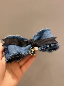 Washed Denim Butterfly Knot Hair Clip Womens High-End Pearl Elegant Top Clip New Style Korean Fashion Hair Accessories