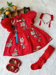 ชุดราตรีสไตล์จีนสำหรับเด็กผู้หญิง สไตล์ฤดูร้อน เดรสเด็กผู้หญิงสีแดง ชุดราตรีแบบจีน ชุดเด็ก ชุดราตรีเด็กผู้หญิง