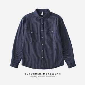 Men Spring & Fall Daily Casual Easiest for Match Pure Cotton Comfortable Stripes Shirt Japanese-Style Retro Loose Long Sleeve Shirt Coat