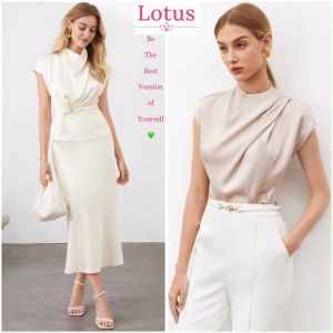 Lotus] Áo Sơ Mi Lụa Phối Chân Váy Dáng Dài Sang Trọng/ Áo Kiểu Nữ Màu Sâm Panh Champagne Và Trắng Kem Dự Tiệc/ Sơ Mi Nữ Công Sở Thanh Lịch