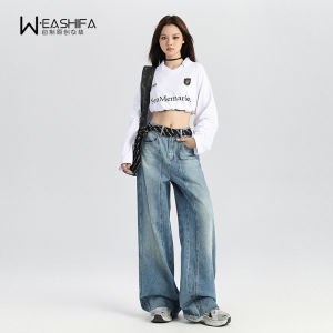 Quần Jeans Denim Ống Rộng Cạp Lows Quần Jeans Nữ Rộng Rãi Có Nút Cài Màu Xanh Denim Quần Jeans Thường Ngày Cho Nữ