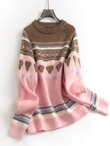 เสื้อสเวตเตอร์ถักไหมพรมผสมสีชมพูหวานๆ สำหรับผู้หญิง เสื้อแขนยาวคอกลม ทรงหลวม สไตล์หวานๆ ฤดูใบไม้ร่วง/ฤดูหนาว