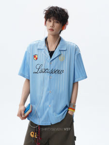 V37 | American Letter Print Striped Short Sleeve Shirt Mens Versatile Loose Comfortable Autumn Wear