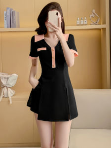 Elegant V-neck Black Dress Two-piece Set Womens Summer Fashion Hepburn Style High Waist A-line Skirt Commute Friendly