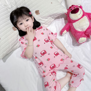 Girls Ice Silk Sleepwear Summer Thin Cute Childrens Home Clothes Set Sweet Cute Style Baby Girls Clothing Air Conditioner Suit