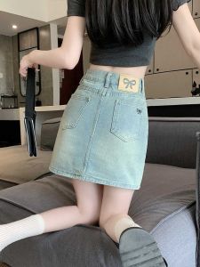Váy Ngắn Denim Thêu Thắt Nút Bướm Cạp Cao Cho Nữ Mùa Hè Cỡ Lớn Váy Ngắn Chữ a Che Mông Thon Gọn