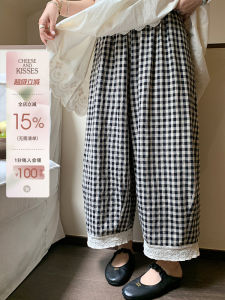 Retro Linen Cotton Black and White Grid Lace Vintage Style Capri Trousers