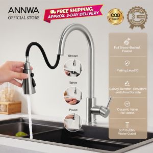 ANNWA 3-in-1 Hot & Cold Pull Down Kitchen Faucet - Blade/Spray/Stream | 360° Rotate 304 Steel + Hot/Cold Hoses/COD(ARROW Group)