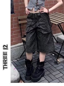 Quần Short Denim Họa Tiết Da Báo Cổ Điển Phong Cách Mỹ Quần Ống Rộng Ống Đứng Rộng Rãi Mùa Hè Đa Năng Cho Nữ