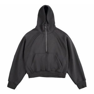Sweatshirt Jacket for Men Heavyweight Fleece Hooded Half-Zip Deconstructed Black
