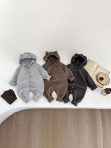 Baby Boy Spring Autumn Knitted Onesie Home Clothes Solid Color Sweater Hat Included Romper Infant Toddler Clothes Pure Color