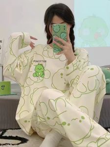 Bộ Đồ Ngủ Cotton Dài Tay Cho Nữ Mùa Thu Đông Phong Cách Ngọt Ngào in Họa Tiết Hoạt Hình Quần Áo Mặc Nhà Cỡ Lớn Cho Học Sinh