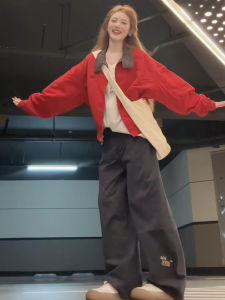 HUAYILING | Red Stand-up Collar Womens Jacket Casual Loose Style Short Cardigan