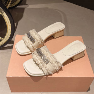 Dép Cao Gót Đế Xuồng Đính Đá Rhinestone Thời Trang Mùa Hè Cho Nữ Dép Cao Gót Đế Trung Dép Xỏ Ngón Đế Bằng Đế Xuồng Thường Ngày