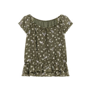NIHAOKANONG | Áo Blouse Tay Ngắn In Hình Sao Đeo Nơ