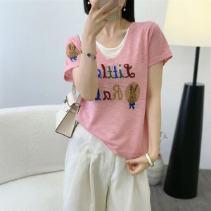 Shalldoer | Áo thun tay ngắn thêu hai mảnh giả màu xanh lam cho nữ mùa hè phong cách Hàn Quốc thời trang chống lão hóa thon gọn