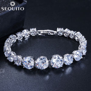 SEQUITO Women Fashion Engagement Wedding Jewelry Inlaid AAA CZ Diamond Charm Round Bracelet for Bridesmaid Gifts B042
