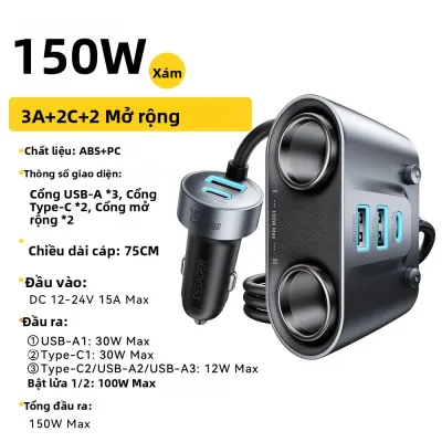 Bộ Sạc Ô Tô USB C Essager 150W 2 Trong 1 Với Bộ Chia Tẩu Thuốc Lá Kép 100W 5 Cổng Sạc Nhanh QC 3.0 PD Cho Điện Thoại Di Động