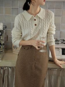 French Lazy Style Womens Knitted Sweater Autumn Winter New Polo Collar Twist Woolen Base Layer Vintage Solid Color Commute