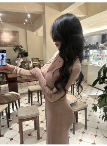 Đầm Bó Sát Cổ Chữ V Sâu Màu Trắng Tôn Dáng S-curve Đầm Công Sở Mùa Xuân Thu Đông Cotton Nylon Dài Tay Quần Áo Làm Việc