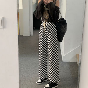 Summer plus Size Womens Clothes Plus Size Ladies Plaid Pants Womens 100.00kg Straight High Waist Thin Ice Silk Slim Looking Casual Pants