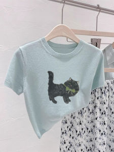 Light Blue Ice Silk Knitted Short Sleeve T-Shirt Womens New 2025 High Waist Short Length Summer Top Elegant Chic Style