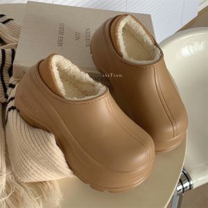 Womens Winter Fashionable Thick Bottom Waterproof Snow Boots Simple Solid Color Warm Anti-slip Fleece Outdoor Cotton Shoes