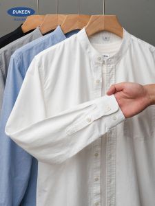 DUKEEN | Cotton Oxford Mens Long Sleeve Spring and Autumn White Stand-Up Collar Henley Shirt