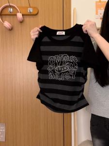 Retro Cool Embroidered Letter Stripe Shoulder Insert Short Sleeve T-Shirt Womens Slim Fit Short Style New Arrival Cotton Polyester Blend Summer Top