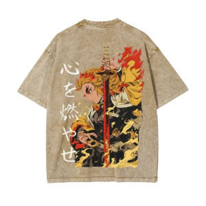 Bandai | 2026 Summer Kyojuro Rengoku Retro Washed T-shirt Emon Slayer Japanese Animation Street Style Mens and Womens Short-sleeved Top