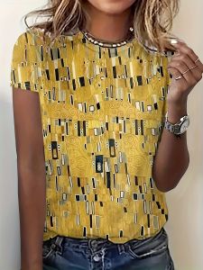 Mustard Yellow Womens Tee - Art Deco Geometric Pattern Graphic Stylish Retro Print Design for Casual Daily Wear