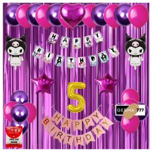 Paket Set Dekorasi Pesta Banner Happy Birthday Kuromi Balon Metalik Ungu Pink Ulang Tahun Anak Tirai