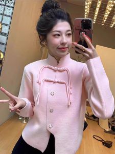 Retro Red Chinese Style Coat New Medium Button Stand Collar Open Cardigan Sweater Women Fashion Anti Aging Spring Autumn Top