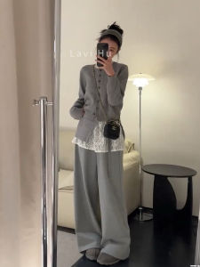 XUECAIQI | 2026 New Autumn Winter Set Grey Knit Cardigan and Patchwork Pants