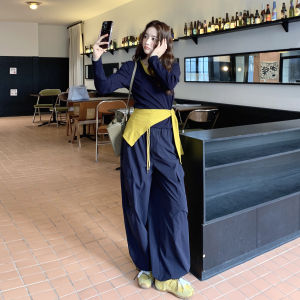 Olive Green Korean Style Casual Sports Womens Set Shirt Shoulder Wrap Wide Leg Pants Two Piece Suit Autumn New Arrival