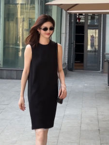 YUFUQING | French Style Black Sleeveless Dress Womens Casual Loose Slimming Summer New Fashion Mid-Length Skirt Polyester Fiber Round Neck