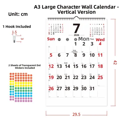HUAYUANMIAOFANG | Bold Text Wall Calendar 2026-2027 Red Writing Plan Note Vertical Horizontal