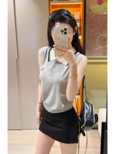 YUEZHONGWEI | French Collar Color Block Knitted Vest Women Summer Outdoor Wear Design Slim Fit Short Sleeveless Polo Shirt Top