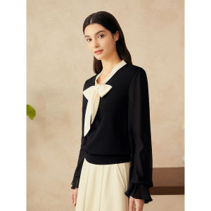 French Style Beaded Knitwear with Bow Ties and Chiffon Sleeve