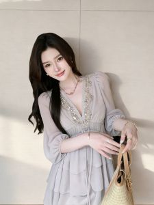 Pretty Waist-Defining Short Mini Purple Chiffon Shirt Dress