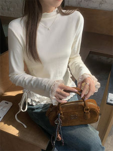 เสื้อยืดแขนยาวผู้หญิง ทรงสลิมฟิต ทรงเข้ารูป ทรงเข้ารูป เสื้อเชิ้ตคอปกสูงสีพื้น สไตล์เกาหลี ฤดูใบไม้ร่วง/ฤดูหนาว